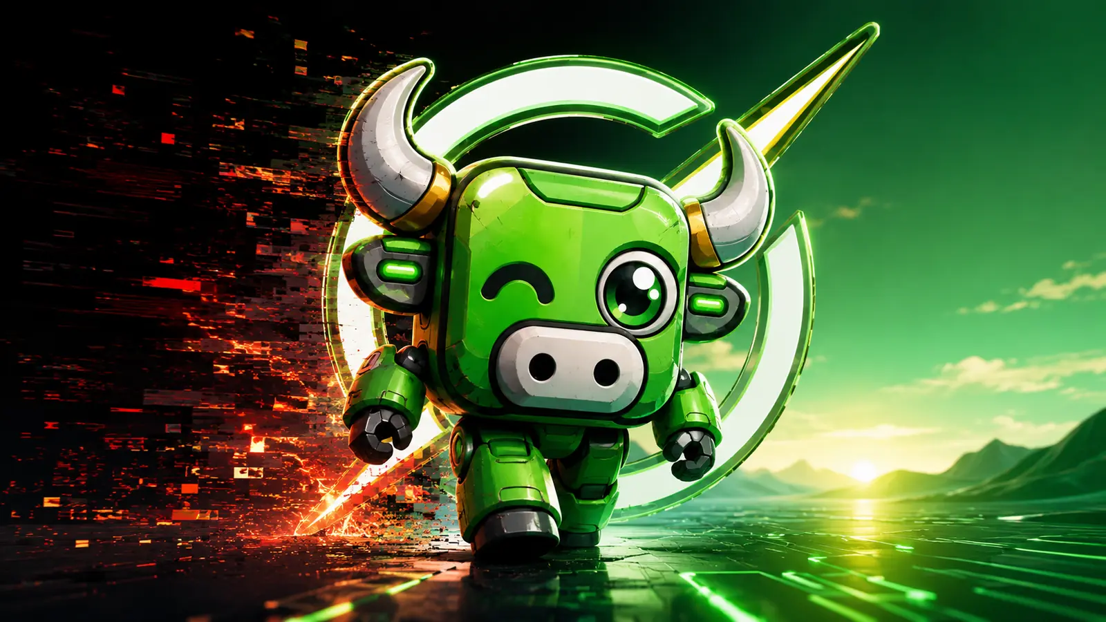 BULLBOT walking out of red glitch into a green sunrise